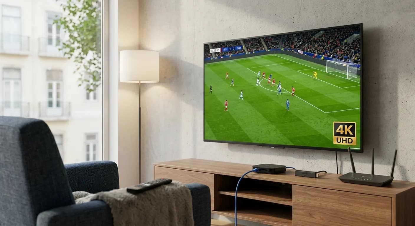 Smart TV em 4K a transmitir um jogo de futebol com box IPTV e router