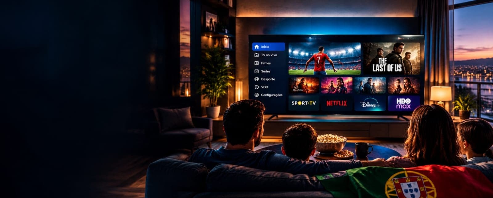 IPTV Portugal família na Smart TV — PortugalIPTV com canais PT, desporto e VOD