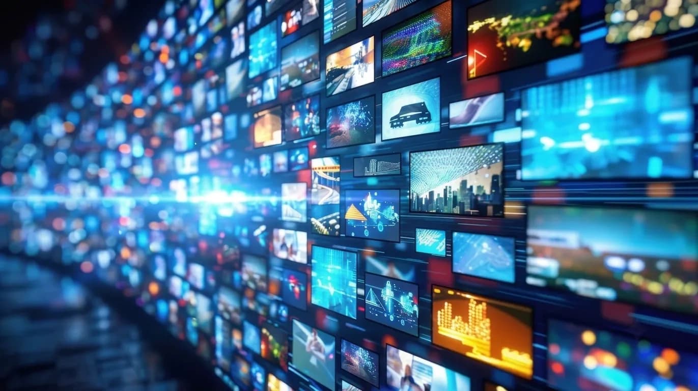 Parede digital de ecrãs de streaming — canais, filmes e broadcasts