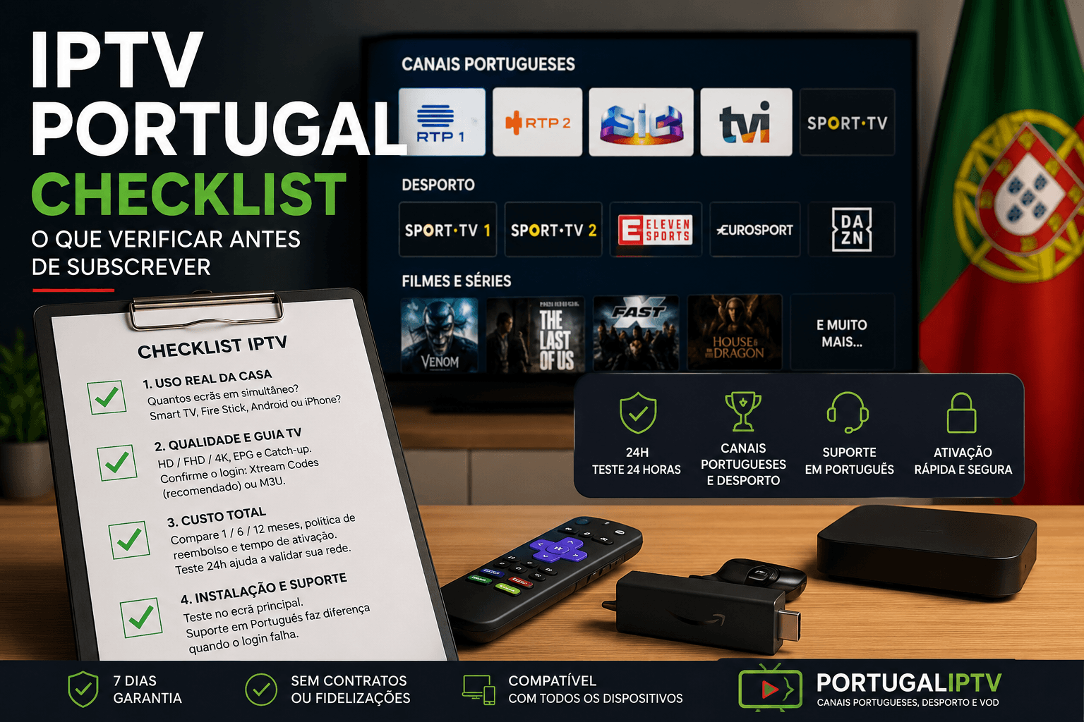 Checklist IPTV Portugal — o que verificar antes de assinar Comando apontado para Smart TV com serviço de streaming