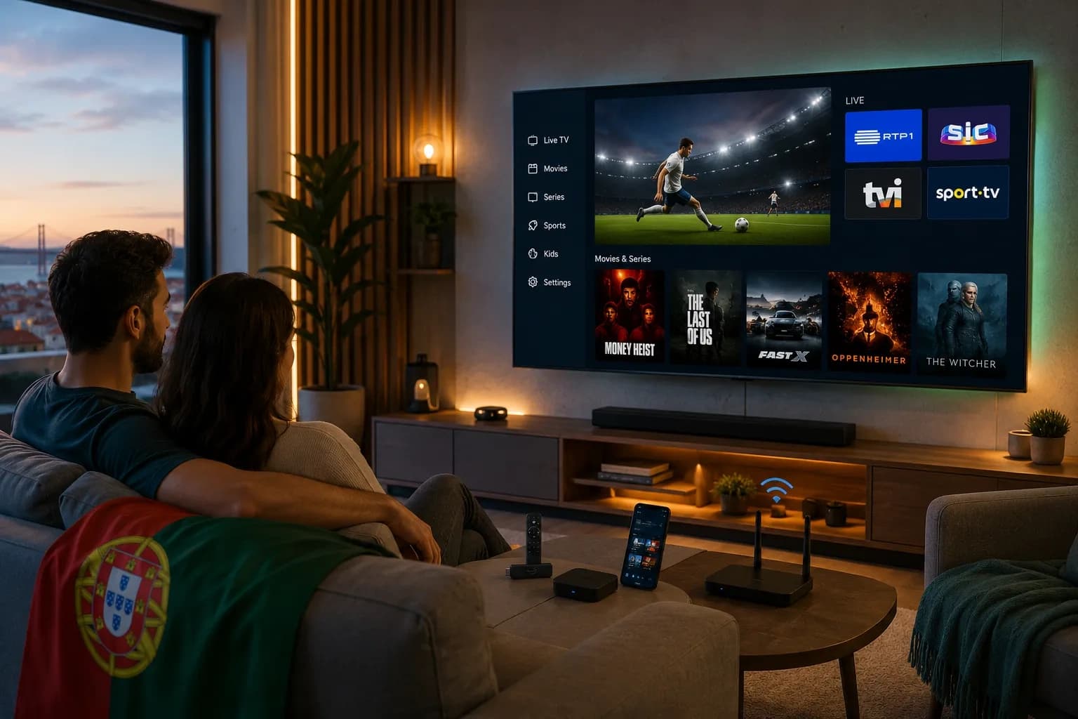 Melhor IPTV Portugal 2026 — como escolher de verdade Casal a ver interface IPTV Portugal numa Smart TV com canais RTP, SIC, TVI e Sport TV